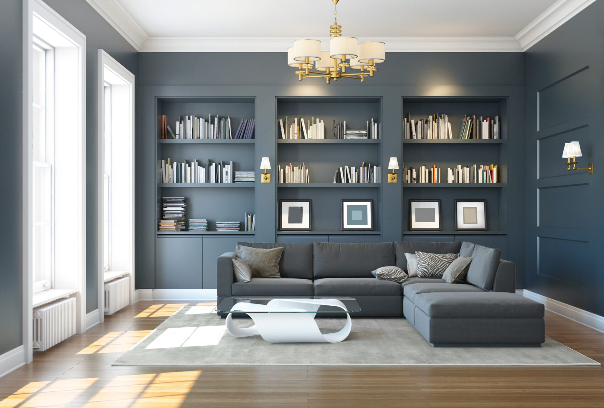An image of a dark blue reading room with a hardwood floor with many examples of different moulding types available at The Moulding Company