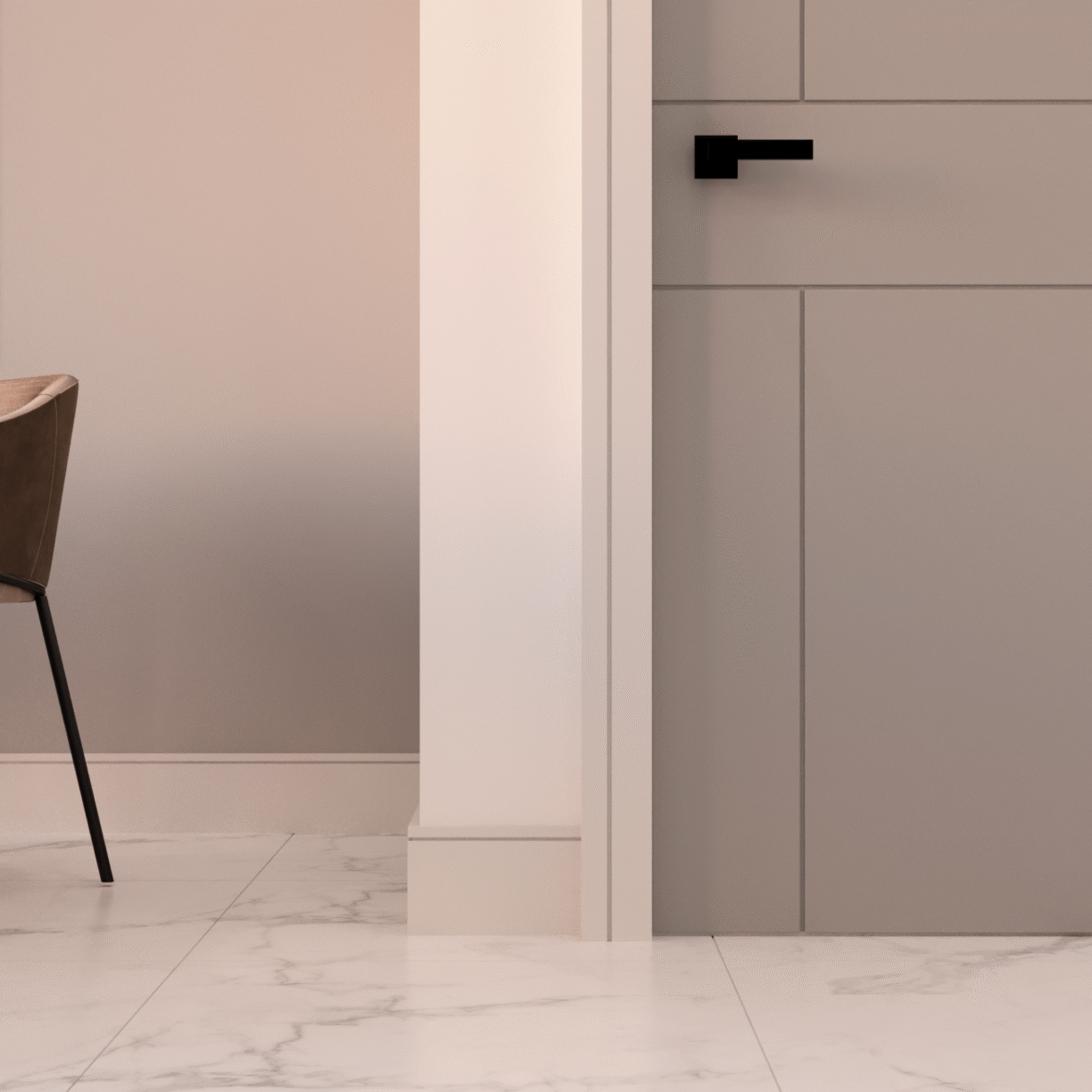 Modern living room with white baseboard moulding and hardwood floors