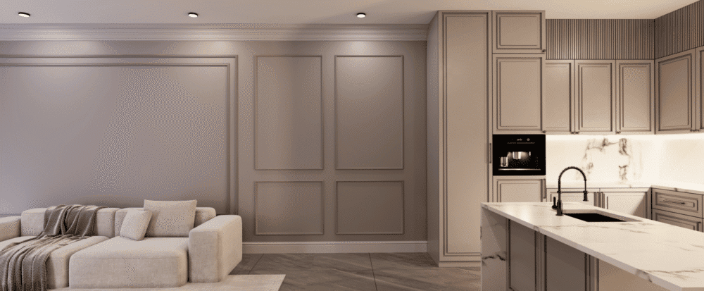 Kitchen and Living area with moulding baseboard and wall decorated