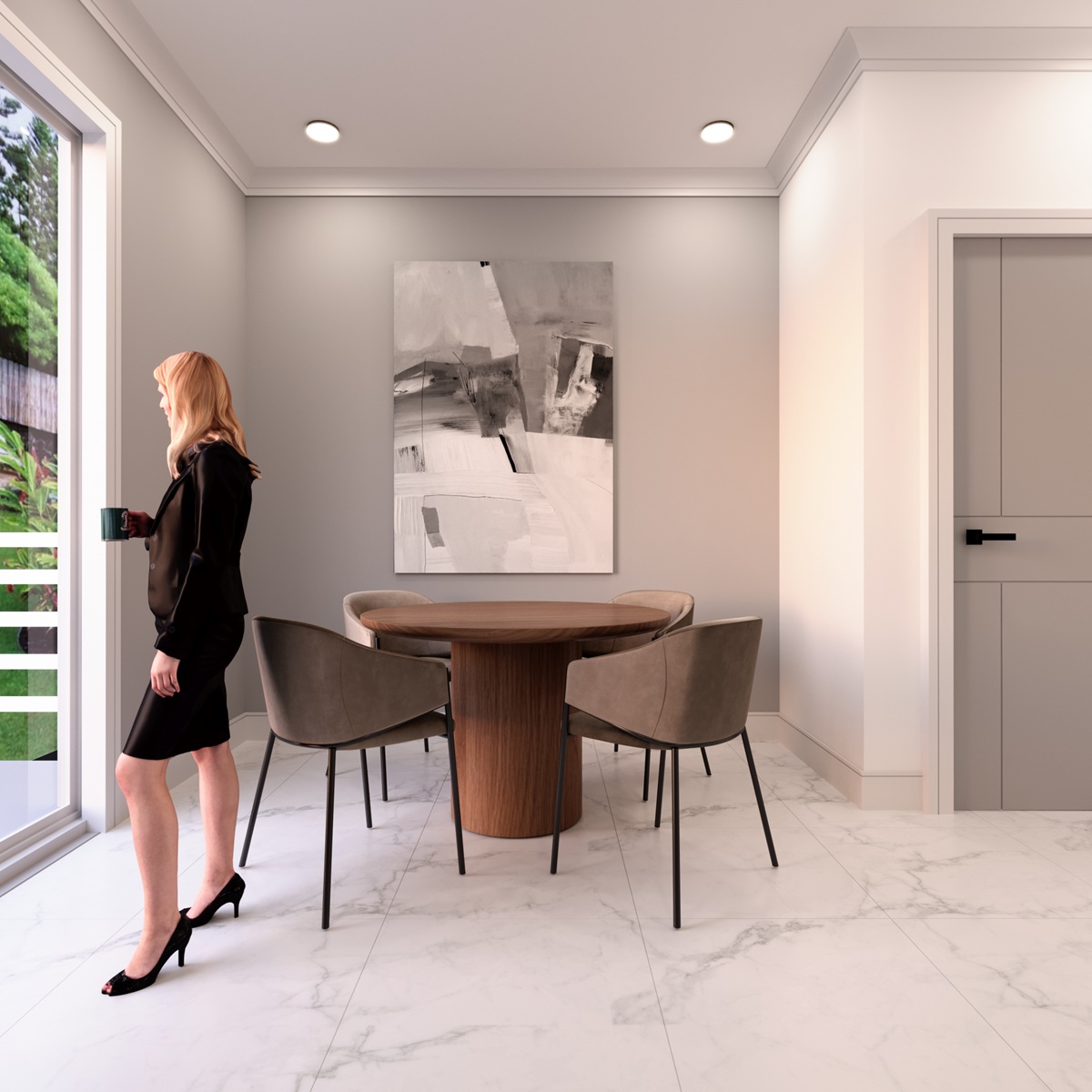 A living room showing modern, classic, and craftsman baseboard moulding designs