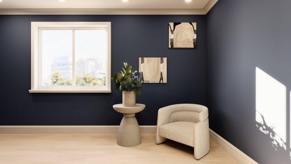 Dark color wall and white baseboard and moulding
