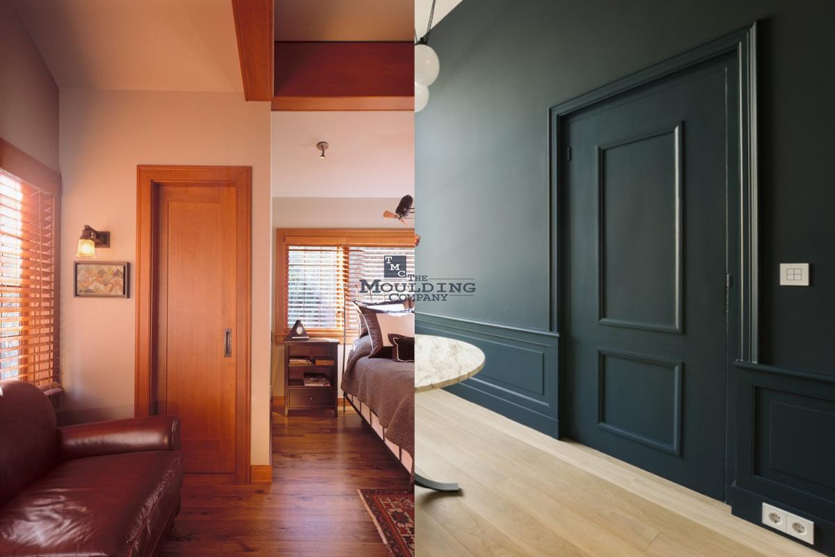 Painted trim and stained wood trim shown side by side on baseboards and door casings