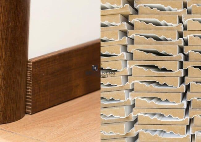 Comparison of MDF trim and wood trim installed on baseboards and crown moulding in a finished interior