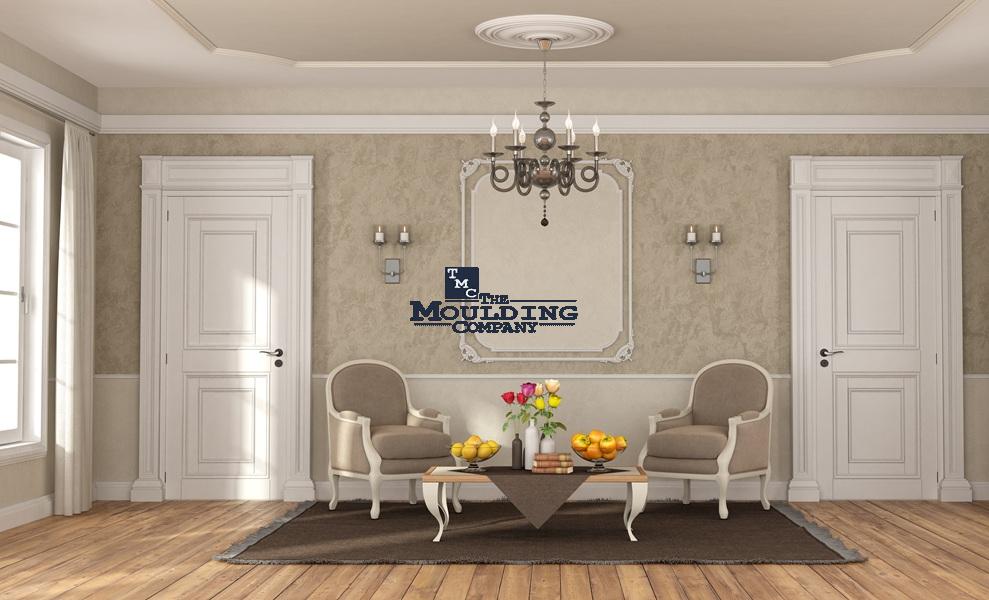 Luxury living area using traditional baseboard, casing and crown