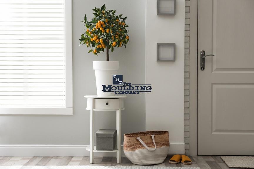A white baseboard and casing with modern moulding and a potted lemon tree, logo, and decor items in a modern home interior.