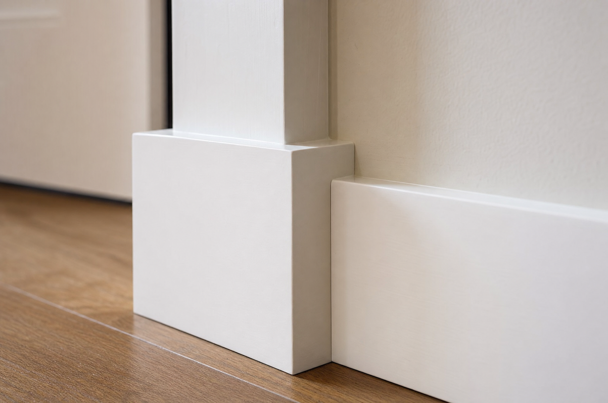 Plinth block installed at the base of a painted door casing where it meets a tall baseboard