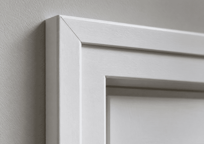 Backband fitted to the outer edge of painted door casing, raking light showing the shadow line it creates